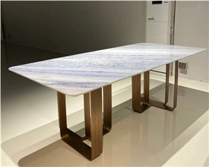 Rectangle Crystal Blue Marble Dinning Table For Living Room