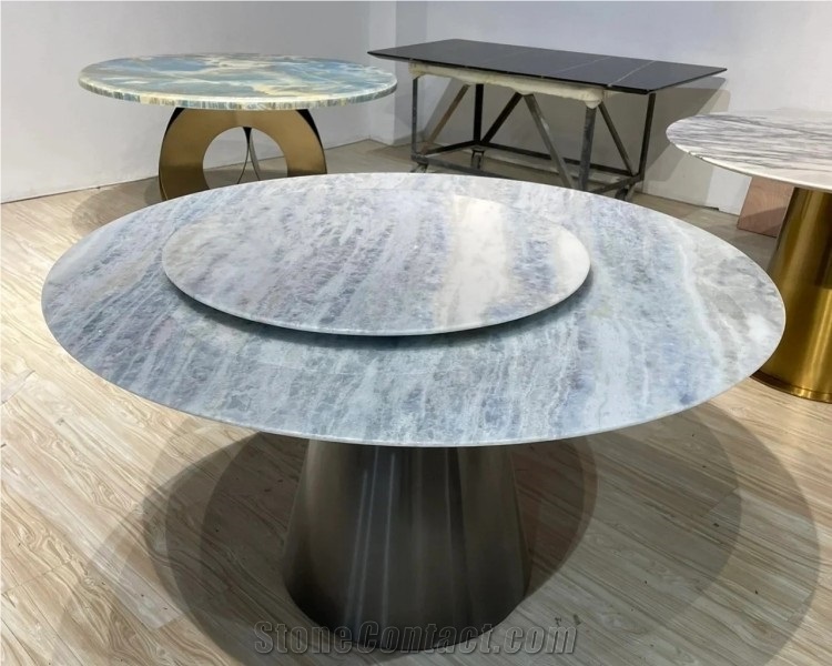 Rectangle Crystal Blue Marble Dinning Table For Living Room