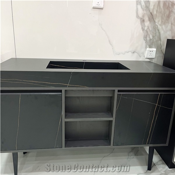 Black Sintered Stone Vanity Luxury Bathroom Vanity Cabinets