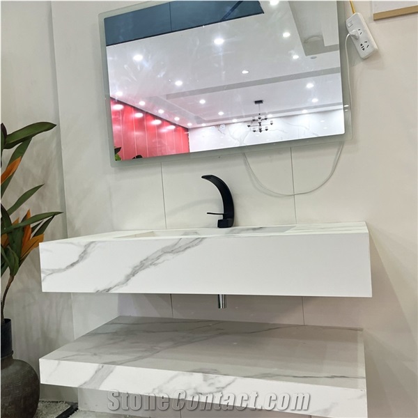 White Calacatta Sintered Stone Bathroom Vanity Top Cabinet