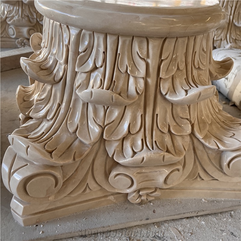 Customize Design Beige Marble Hand Carved Column Capital