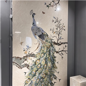 Marble Waterjet Inlay Peacock Pattern For Wall Design
