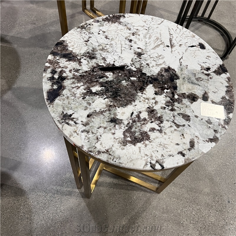 Snow Mountain Granite Coffee Table With Stainless Steel Base