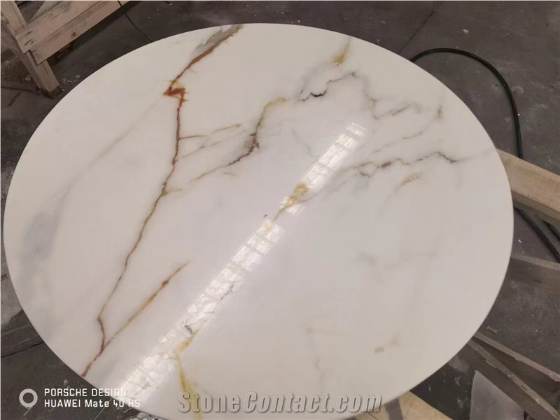Calacatta Gold Marble Look Nano Glass Stone Round Dining Restaurant Table