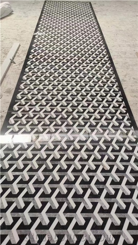 Black White Marble Lobby Flooring Waterjet Carpet Medallions