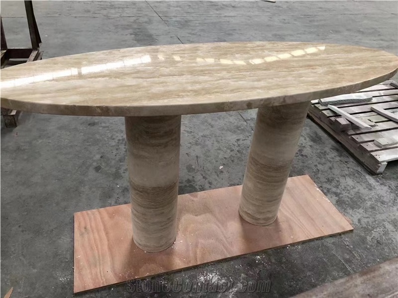 Stone Console Table Oval Travertino Beige Office Furniture