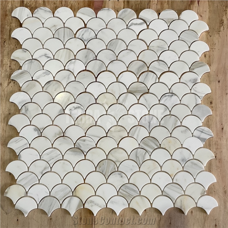 Calacatta Gold Marble Grand Fan Shape Mosaic Tile Fish Scale