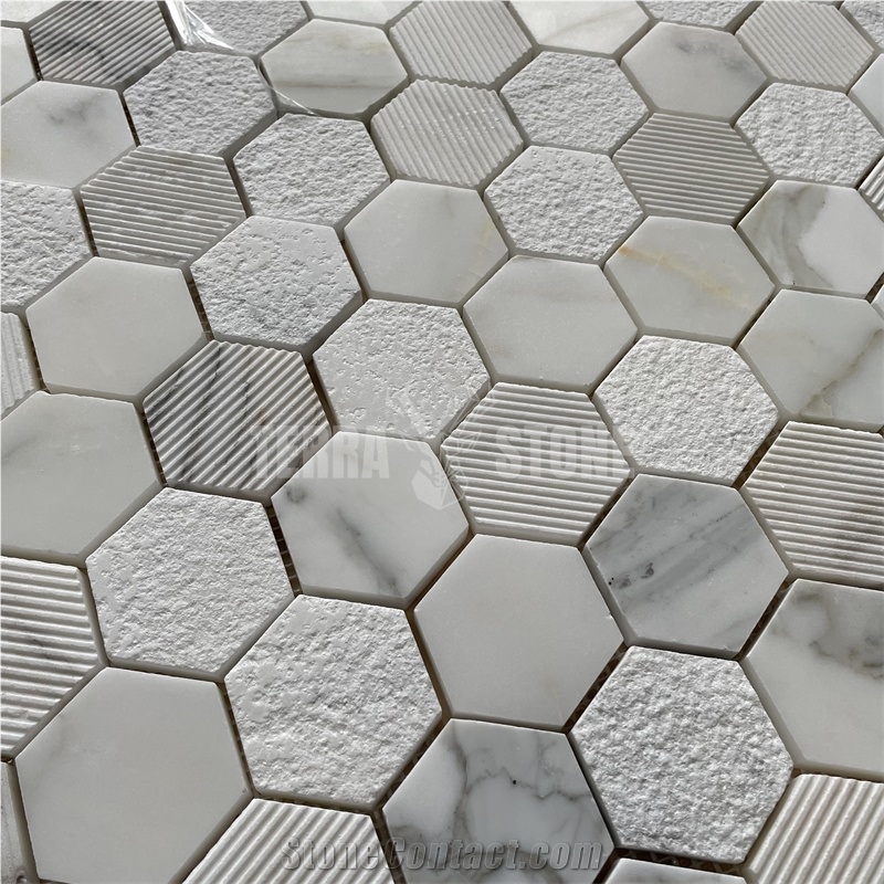 Calacatta Gold Marble Mosaic 2" Hexagon Textured Tile