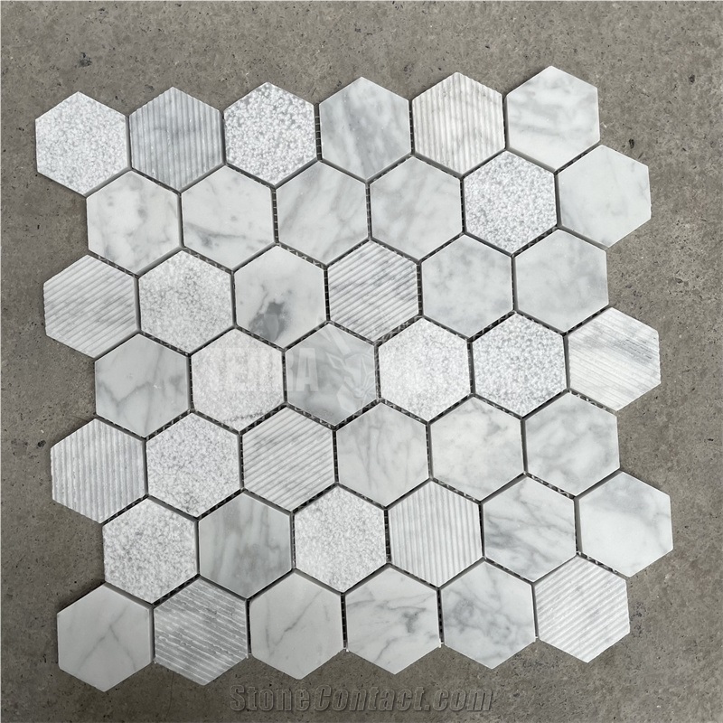 Carrara White Marble Mosaic Hexagon Tile Textured Surface