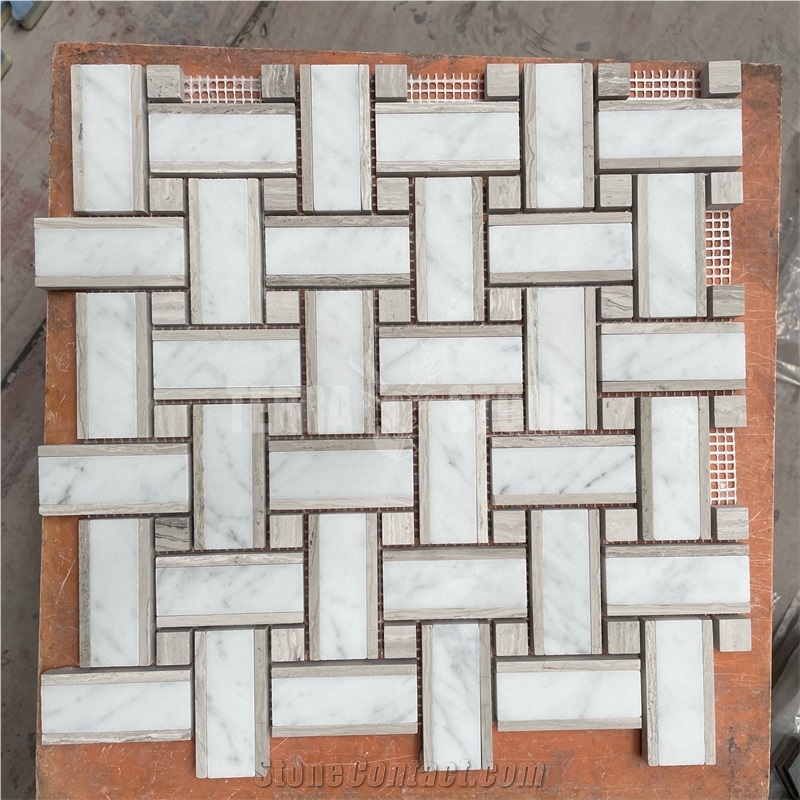 White Wood Carrara White Marble Basketweave Mosaic Tile