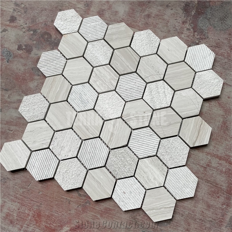 White Wooden Marble Mosaic Tile Textured Finish Wall Tiles