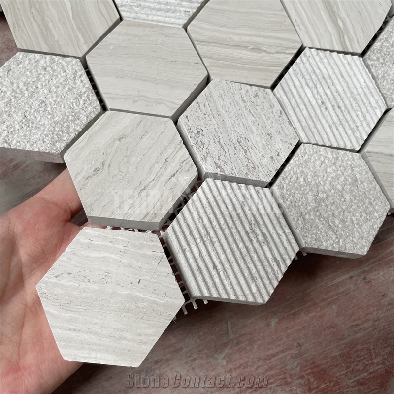 White Wooden Marble Mosaic Tile Textured Finish Wall Tiles