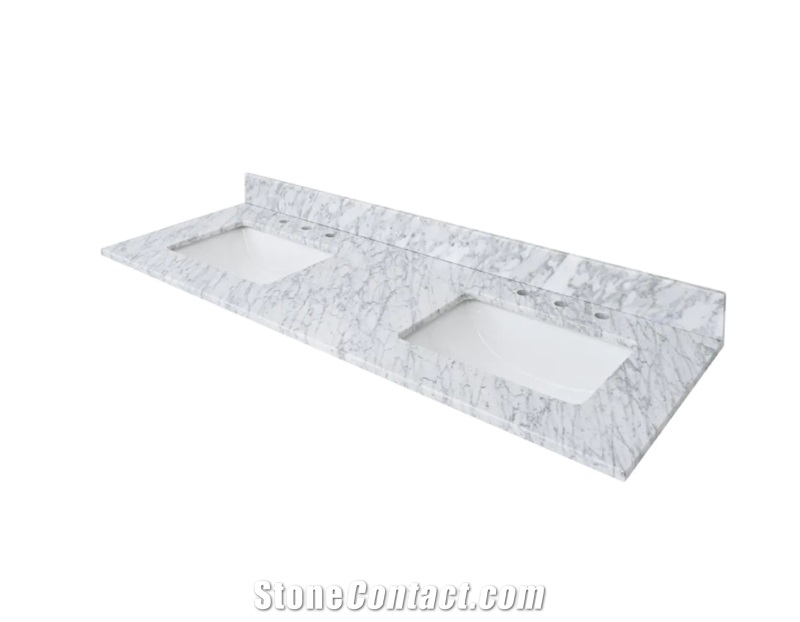 61 In. W 22 In. D Bianco Carrara White Marble Double  Vanity