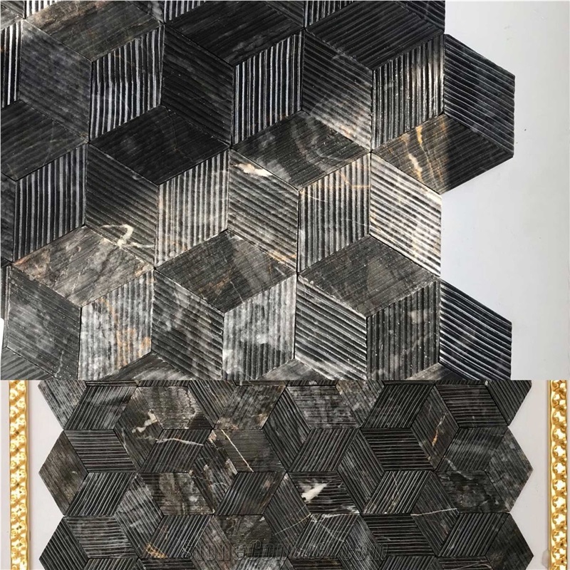 Dark River Marble Combed Hexagon Mosaic Tiles