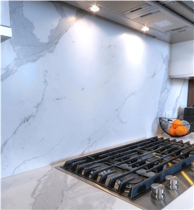 Cava Bianco Statuario Porcelain Backsplash Laminam Kitchen Top