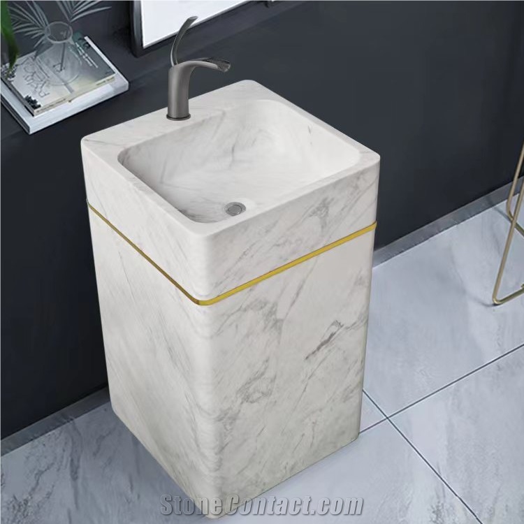 Freestanding Volakas White Marble   Wash Pedestal Basin