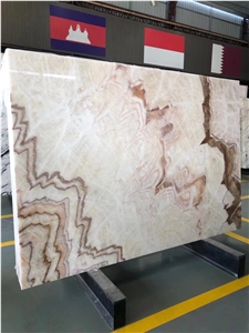 China Red Dragon Jade Beige Onyx Slab Tile For Wall