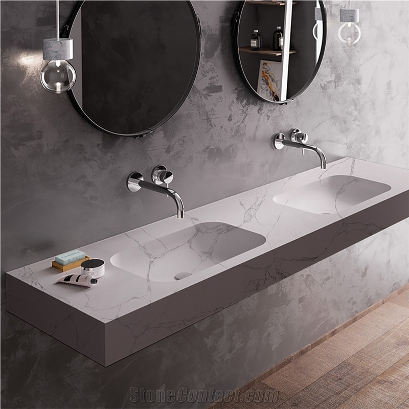 Goldtop OEM/ODM Calacatta White Quartz Bathroom Sink Countertop