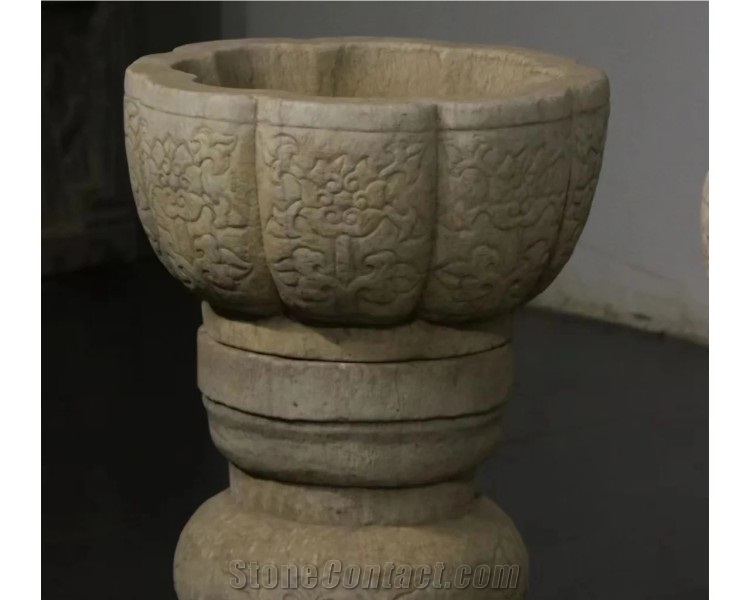 Hand Carved Grey Granite Natural Stone Flower Pot Planter