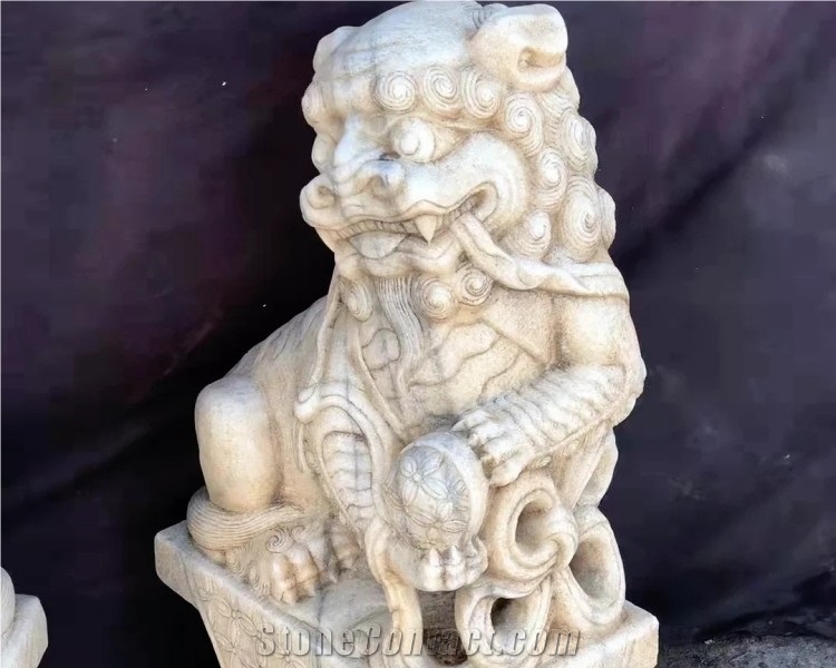 Natural Stone Lion Statue White Marble Guardian Lions Sculpture
