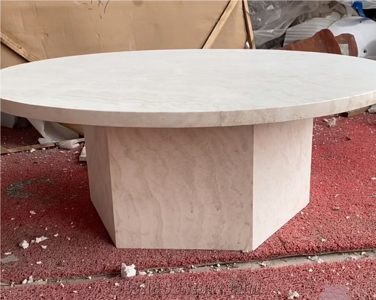 Round Natural Stone Dining Table Beige Travertine Coffee Table