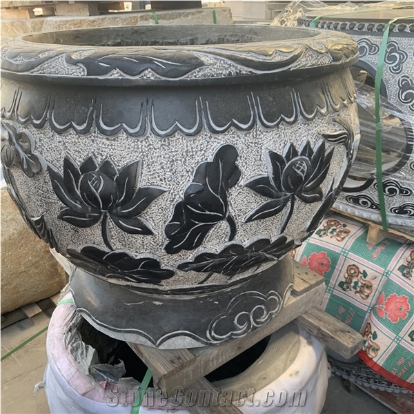 Engraved Round Granite Outdoor Landscape Plant Flower Pot