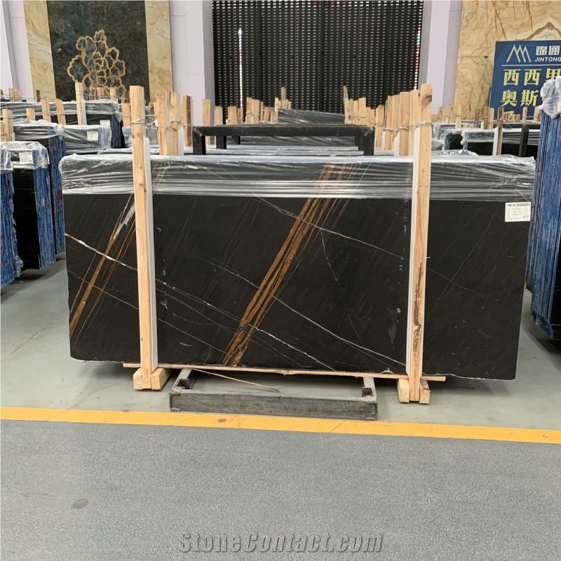 Noir Aziza Marble Slabs Black And Golden Marble Wall Tiles