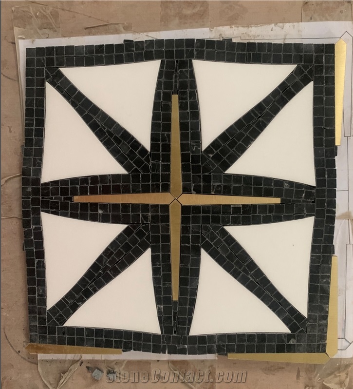Black White Marble Mosaic Star Pattern Marquina Floor Mosaic