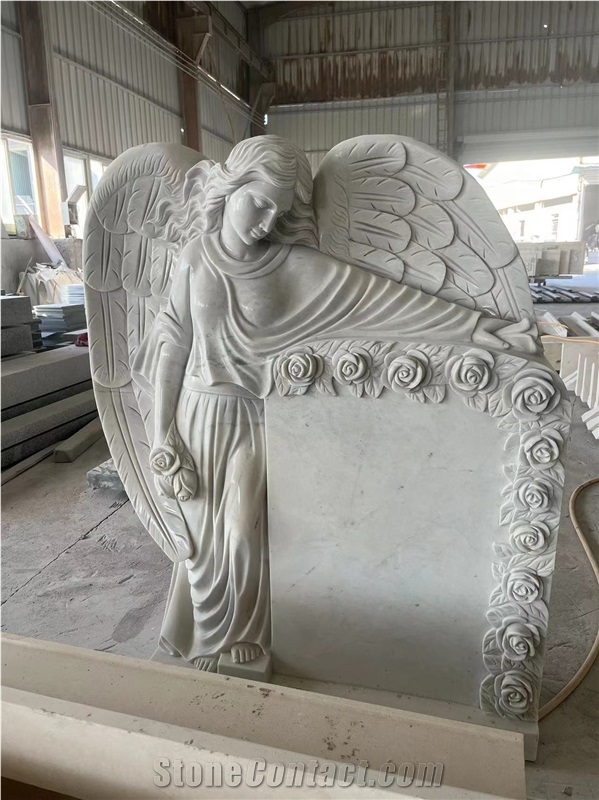 Carved Marble Angel Monument Carrara White Upright Headstone