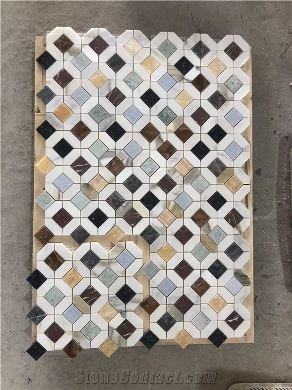 Marble Calacatta Gold Chevron Mosaic With Square Dot Tile
