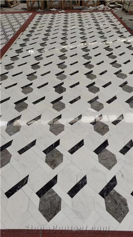 Marble Mosaic Medallions 3D Black White Waterjet Floor Tile