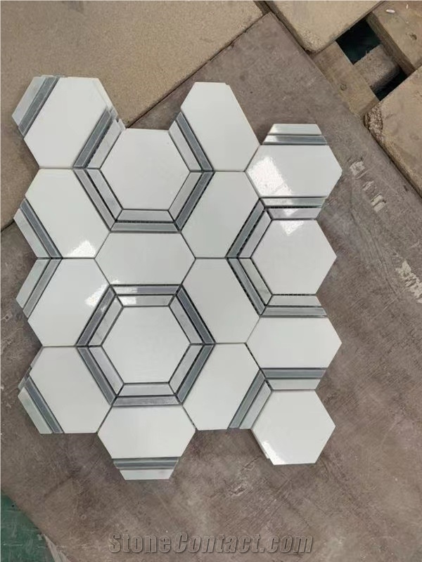 Marble Water-Jet Mosaic Tiles Thassos Hexagon Mosaic Pattern