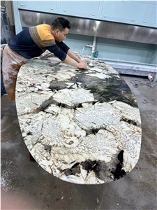 Oval Granite Restaurant Table Tops Stone Snow Fall Work Tops