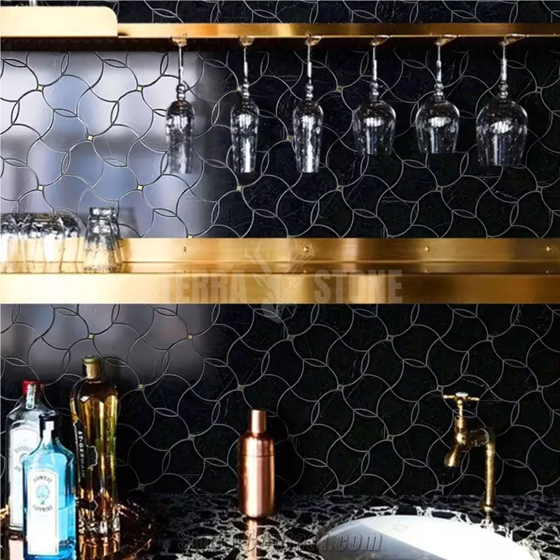 Black Gold Marble Metal Mosaic Kitchen Wall Water Jet Mosaic