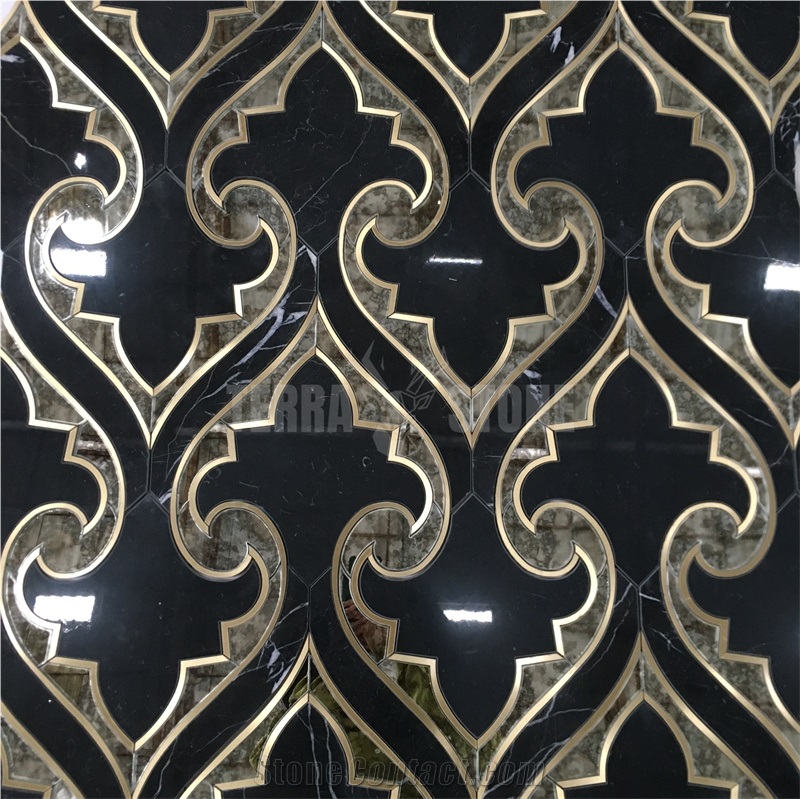 Brass Inlay Black Marble Glass Luxury Waterjet Mosaic Tile