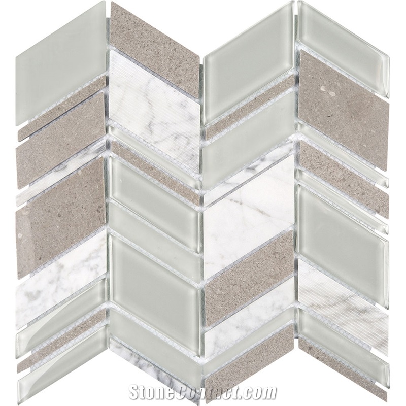 Chelsea Glass Chevron Tile & Stone Silver Wave Marble Mosaic
