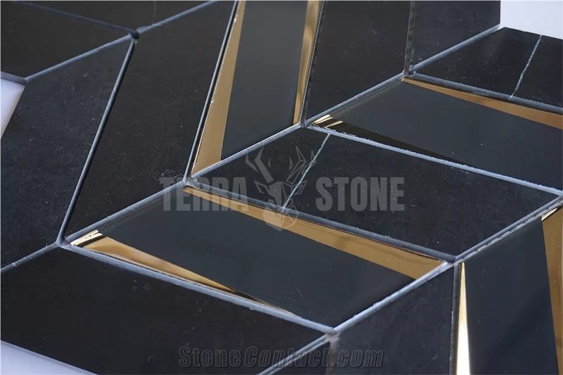 Chevron Glass Mixed Marble Stone Black Shower Wall Mosaic