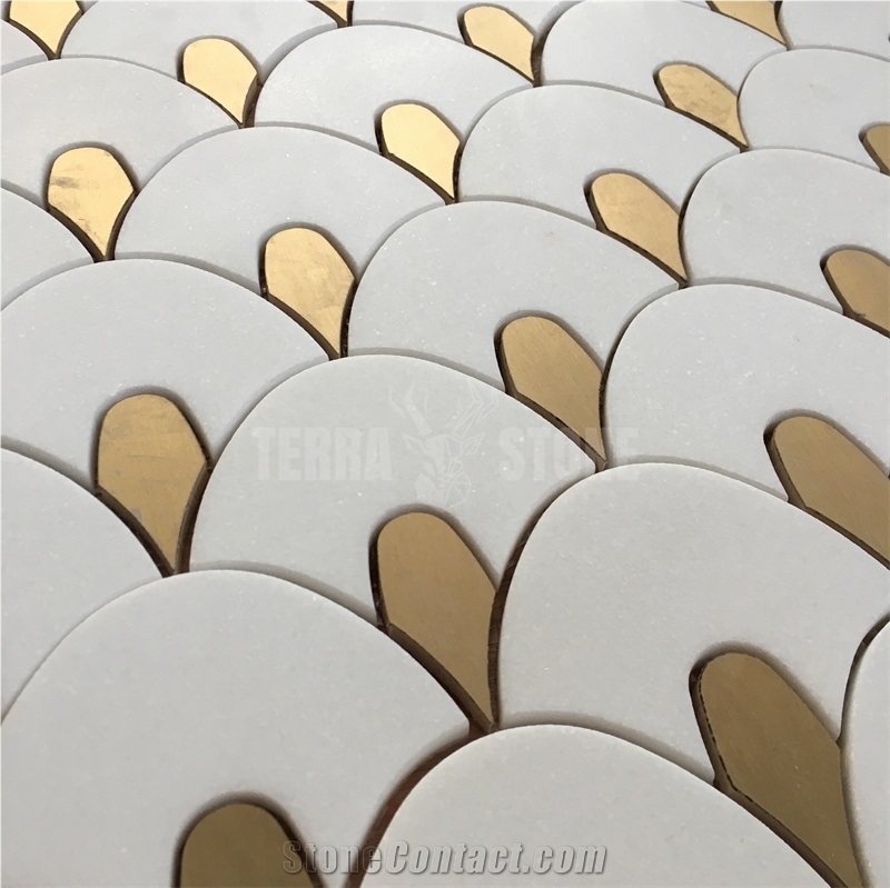 Fish Scale Thassos White Marble With Brass Waterjet Mosaic