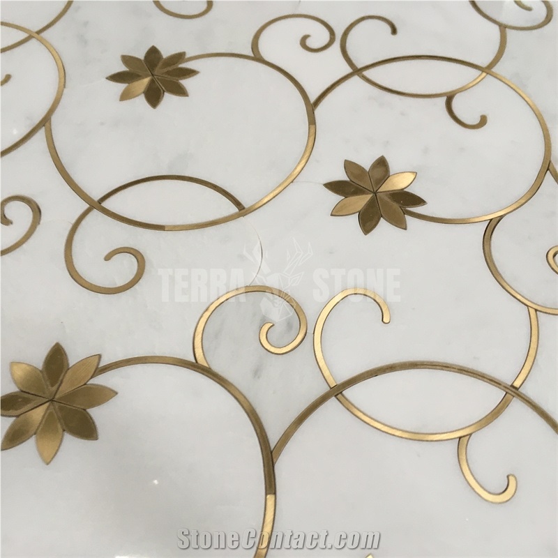 Flower White Marble Waterjet Mosaic Tiles With Brass Inlay
