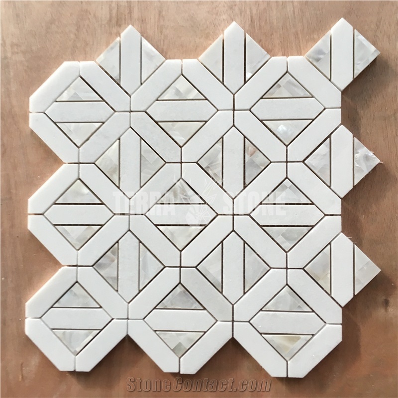 Geometry Water Jet Thassos White Marble + Mother Pearl Shell Mosaic Tile