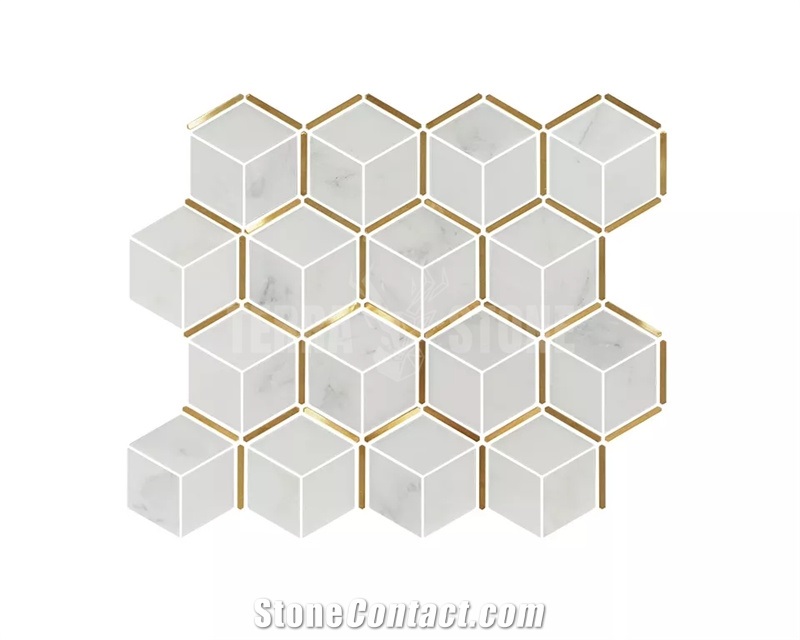 Golden Metal Stainless Steel White Marble Hexagon Mosaic