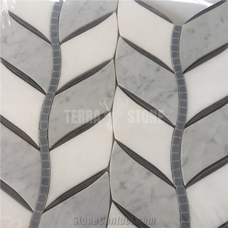 Leaf Pattern Carrara Thassos White Marble Mosaic Tiles