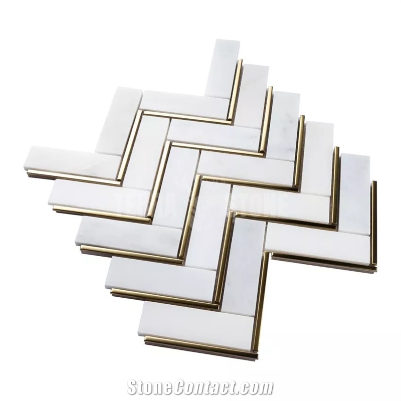 Luxury Chevron Herringbone White Marble Gold Metal Mosaic
