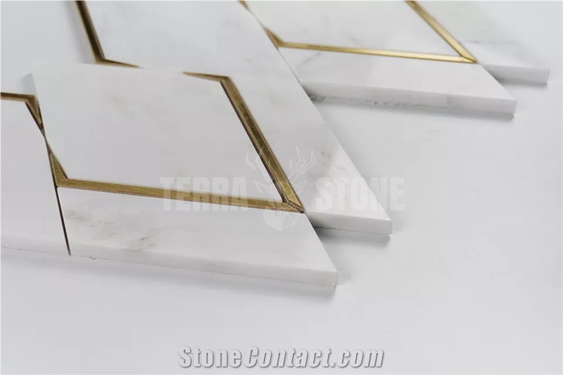 Luxury Gold Metal Brass Inlay White Marble Mosaic Wall Tiles