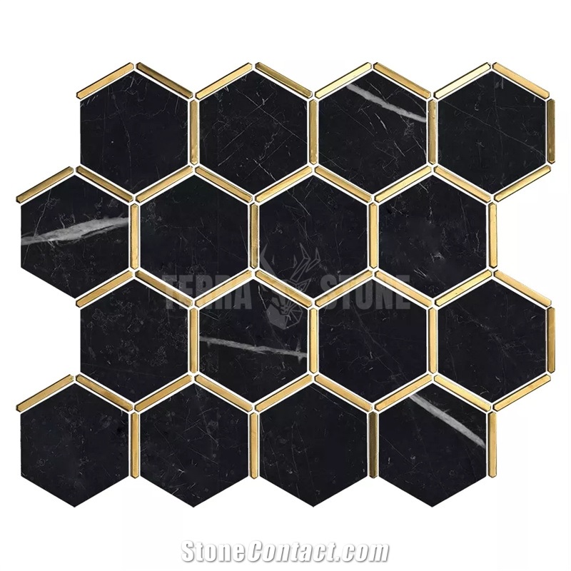 Marble Hexagon Nero Marquina Black Stone Gold Metal Mosaic