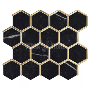 Marble Hexagon Nero Marquina Black Stone Gold Metal Mosaic