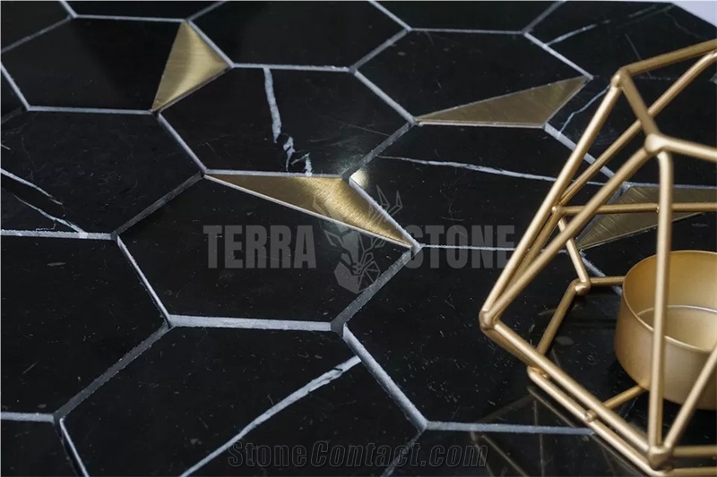 Nero Marquina Black Marble Stone Mosaic Hexagon Gold Metal