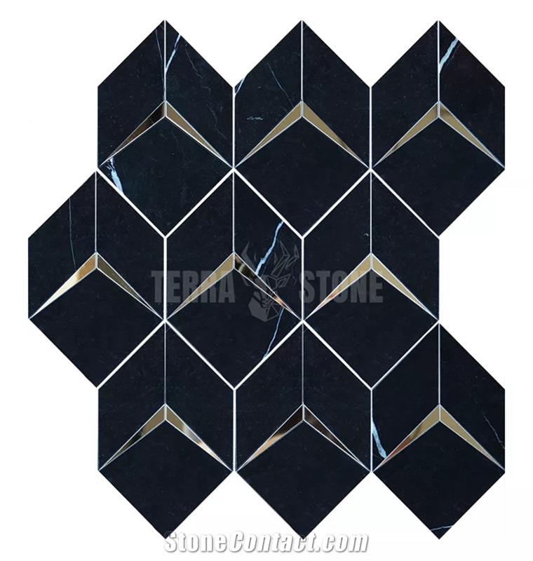 Nordic Waterjet Stone Rhombus Black Gold Mosaic Tiles