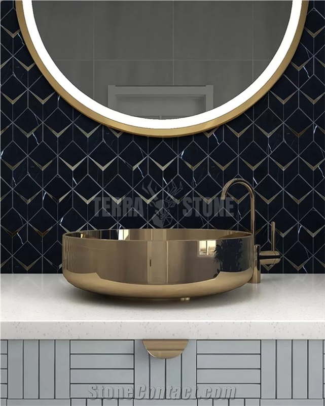 Nordic Waterjet Stone Rhombus Black Gold Mosaic Tiles