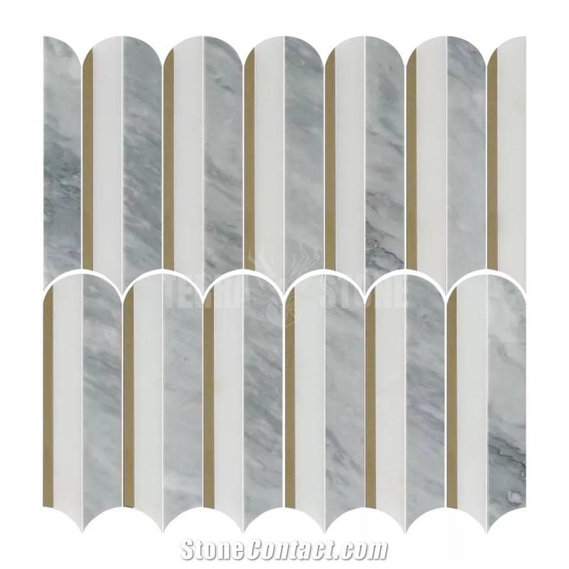 Plumage Shape Gray White Marble Golden Metal Waterjet Mosaic